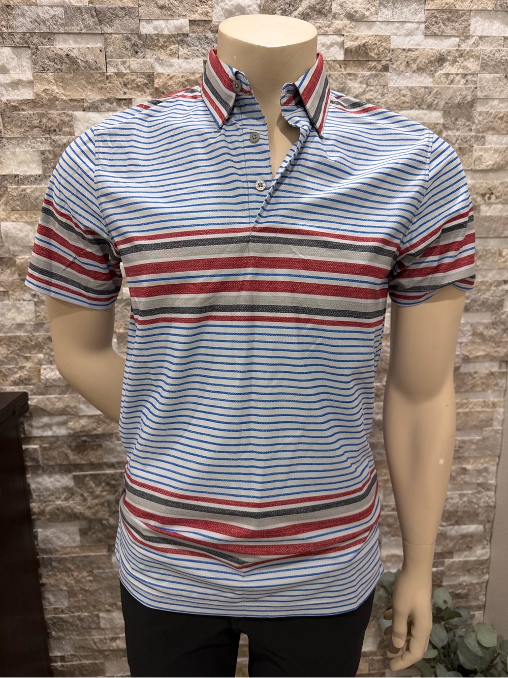 ZYIA Men's Striped Polo in White, Blue & Red Accents